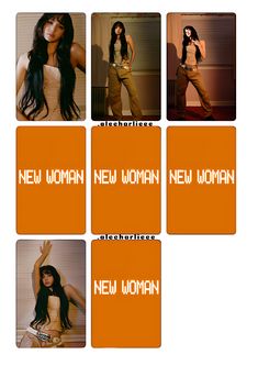 four different pictures of women in orange and brown outfits with the words new woman on them