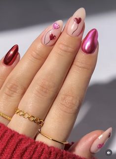 Nail Inspo Unique, Feb Nails, Chrome Nails Art, Burgundy Acrylic Nails, Valentines Nail Art, Nails Valentines Day, 3d Chrome, Valentines Nail, Valentine Nail Art