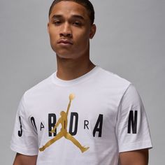 You can ball on and off the court in the Jordan Air Stretch Men's Crew Tee. You'll represent your favorite player of all time, as this shirt clearly displays the "Jumpman" and his name across the center. And the fit will complement your shape while still giving you plenty of room to make every free throw you try. Features: Features Jumpman front and center. Says "Jordan" prominently across the front. Short-sleeved. Details: Machine washable. Material: 100% Cotton. White Team Logo Top For Streetwear, Throwback Sports Tops With Logo Print, White Top With Team Logo For Streetwear, Throwback White Tops For Streetwear, White Throwback Tops For Sports Events, Throwback White Tops For Sports Season, White Streetwear Top With Team Logo, Basketball Team Logo Tops With Crew Neck, White Throwback Crew Neck Top