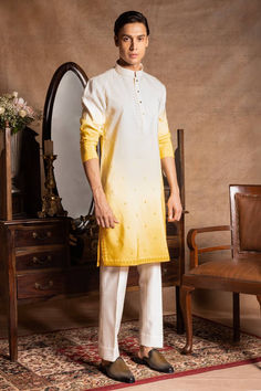 Amrit Dawani's Yellow Silk Embroidery Butti Ombre Kurta With Pant For Men Haldi Ceremony Outfit For Men, Western Outfit Men, Embroidery Butti, Suits For Guys, Haldi Outfits, Indian Groom Wear