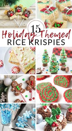 holiday themed rice krispies collage with text overlay that reads, holiday themed rice krispies