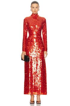 Self & Lining: 100% polyester, Self 2: 100% polyethylene.  Made in China.  Spot clean only.  Fully lined.  Hidden back zipper closure.  Mockneck styling.  Sequin embellished fabric.  .  .  .  .  .  .  .  .  . Holiday Red Embellished Sequin Dress, Luxury Red Sequined Dress, Luxury Red Sequined Maxi Dress, Holiday Midi-length Sequin Dress With Contrast Sequins, Red Embellished Sequin Fabric, Glamorous Style, Embellished Fabric, Red Sequin Dress, Simon Miller, Dress Sequin