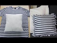 two pillows and a pillow on a bed with black and white striped sheets, one has a t - shirt hanging from it