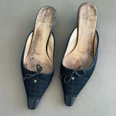 Vintage Chanel Black Kitten Heels. 100% Authentic. I Bought Used Here On Poshmark A Few Months Ago And Never Worn Them Myself As They Didn’t Fit My Shoe Size. These Are A Size 7 1/2. Still In Great Condition And Look Gorgeous On! It Looks Like The Shoe Had The Bottom Soles And Front Cap Redone For Longevity. Vintage Chanel Kitten Heels, Vintage Chanel Mules, Chanel Vintage Shoes, Chanel Kitten Heels, Vintage Chanel Heels, Vintage Kitten Heels, Velvet High Heels, Chanel Heels, Black Kitten Heels