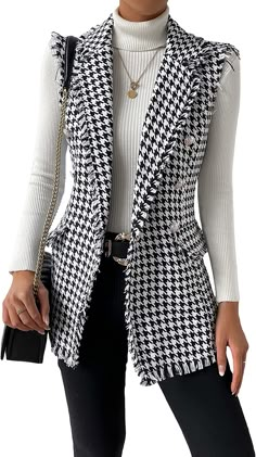 WDIRARA Women's Houndstooth Print Sleeveless Lapel Raw Trim Button Front Long Vest Jacket at Amazon Women's Coats Shop Sleeveless Blazers For Women, Women’s Coats, Sleeveless Coat Outfit, Jacket Ideas For Women, Long Vest Jacket, Cute Work Clothes, Long Sleeveless Vest, Vest Ideas