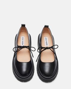 LANDON Black Leather Lug Sole Mary Jane Loafer | Women's Loafers – Steve Madden Witchy Shoes Modern Witch, Steve Madden Landon, Black Dressy Shoes, Black Fall Shoes, Trendy Casual Shoes, Comfortable Formal Shoes, Doc Martin Mary Janes, Steve Madden Mary Janes, Small Heels Outfit