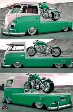 an old green truck with a motorcycle on the back