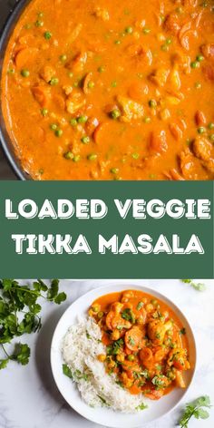 loaded veggie tikka masala in a bowl with rice and garnishes