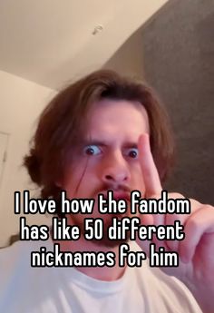 a man making a funny face with the words i love how the fandom has like 50 different nickanes for him