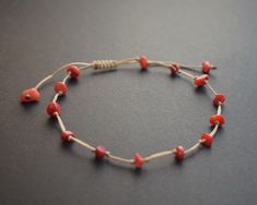 *PLEASE READ CAREFULLY ALL DESCRIPTION AND SHIPPING POLICIES BEFORE YOU BUY. THANK YOU! Adjustable red coral chip anklet * Handmade item made with waxed cotton string and red coral chips * The anklet is adjustable and you can pick the measure that fits you better. The size of the bracelet when is fully closed: - 22.5 cm/8.85 inches - 13 stones - 25,5 cm/10 inches - 15 stones - 27.5 cm/10.82 inches - 17 stones Red Coral helps with life changes, growth, and vitality. Evokes passion, romance, and s Black Tourmaline Necklace, Crystal Anklet, Summer Anklets, Beach Anklets, Black Tourmaline Crystal, Amethyst Point, Tourmaline Pendant, Bracelet Crystal, Aquamarine Crystal