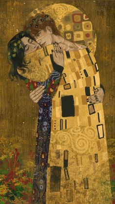 a painting of two people hugging each other