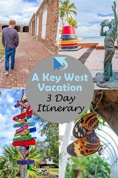 a man walking down a sidewalk next to a statue and colorful signs with the words a key west vacation 3 day itinery