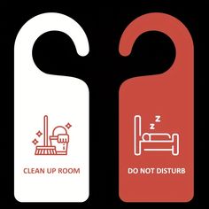 two door hangers with the words clean up room and do not disturb on them