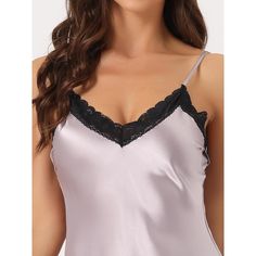 This mini satin nightgown features a v-neck and lace trim, adding feminist and sweet. Lovely nightdress for every nightwear in spring, summer, or fall. With a deep v-neck, spaghetti strap, and irregular hem, this soft nightgown is everything you need for cozy nightwear. Basic and classic, keeping a cozy and refined look. Lace nightgown is suitable for sleeping, pajama party, girls' day, indoors, living room, bedroom, etc. V-neck Satin Sleepwear, Party V-neck Nightgown With Lace Trim, V-neck Lace Trim Sleepwear For Wedding Night, Sleeveless Lace Patchwork Sleepwear, V-neck Lace Trim Nightgown For Pajama Party, V-neck Nightgown With Lace Trim For Pajama Party, V-neck Lace Trim Sleepwear For Pajama Party, V-neck Lace Trim Camisole For Pajama Party, V-neck Sleepwear With Lace Trim For Pajama Party