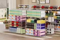 a store filled with lots of different types of food and drinks on metal shelving