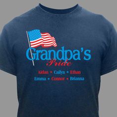 Your patriotic grandpa will love showing off his pride with this personalized t-shirt   #grandpagifts #patrioticgifts #personalizedtshirts #patrioticshirts Patriotic Blue T-shirt With American Flag, Blue American Flag T-shirt For Independence Day, Blue T-shirt With American Flag For Independence Day, Patriotic Letter Print T-shirt For Father's Day, Patriotic Father's Day T-shirt With Letter Print, Patriotic Father's Day Letter Print T-shirt, Patriotic Blue T-shirt For Independence Day, 4th Of July Short Sleeve T-shirt With Name Print, 4th Of July Name Print Short Sleeve T-shirt