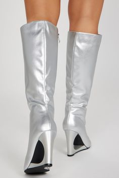 Available In Black And Silver. Knee High Boots Pointed Toe Novelty Wedge Heel Imported | Lost Your Chance Knee High Boots in Silver size 8 by Fashion Nova Party Wedge Boots With Pointed Toe, Fall Party Wedge Boots In Synthetic Material, Party Wedge Heel Synthetic Boots, Party Boots With Wide Calf, Party Boots With Wide Calf In Synthetic Material, Party Boots With Wide Calf In Synthetic, Wide Calf Synthetic Boots For Party, Wide Calf Boots For Parties, Fall Party Knee-high Wedge Boots