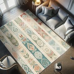 an aerial view of a living room with couches and rugs