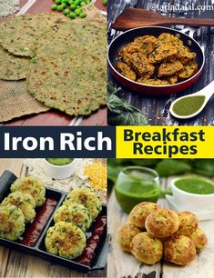 the cover of iron rich breakfast recipes, with pictures of different foods and vegetables on it