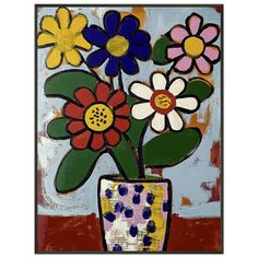 a painting of flowers in a vase with polka dots on the bottom and blue background