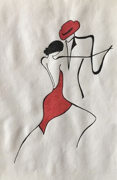 a drawing of a woman in a red dress and hat with her hand on her hip