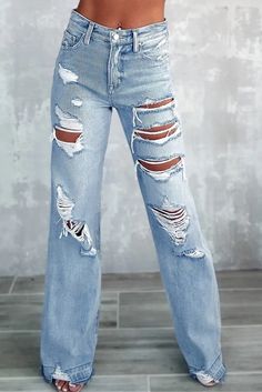 Step up your denim game with these vintage-inspired wide-leg jeans. The distressed ripped design adds a unique touch, while the comfortable fit allows for effortless movement all day. Pair with a tucked-in blouse or casual tee for a one-of-a-kind look that adds character to your style. Crafted with 65% cotton, 33% polyester, and 2% elastane for durability and comfort. Perfect for daily wear in the spring season. Add these casual, stylish wide-leg jeans to your collection for a fresh and flair fashion statement. Casual Spring Style, Blue Wide Leg Jeans, Cute Ripped Jeans, Country Clothes, Ripped Jeans Outfit, Western Wear Outfits, Country Clothing, Spring Fashion Casual, Custom Clothing