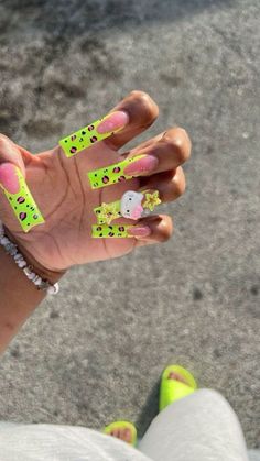 Pink And Lime Green Nails, Gang Nails, Duck Nail, Glo Gang, Lime Green Nails, Long Acrylic Nail Designs