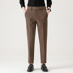 Style: Smart Casual Pant Closure Type: Zipper Fly Item Type: Suit Pants Gender: MEN Front Style: Flat Applicable Season: Winter Applicable Scene: Business Slim Fit Brown Bottoms For Business, Casual Brown Slim Fit Dress Pants, Slim Fit Brown Dress Pants For Business, Brown Slim Fit Dress Pants For Business, Brown Slim Fit Dress Pants For Fall, Slim Fit Brown Dress Pants With Tapered Leg, Brown Slim Fit Dress Pants With Tapered Leg, Tailored Brown Pants For Winter, Winter Workwear Brown Dress Pants