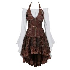 three pieces steampunk costume Burlesque Skirt, Corset With Skirt, Gothic Corset Dresses, Steampunk Corset Dress, Female Pirate Costume, Mode Steampunk, Floral Lace Skirt, Brown Corset, Bustier Lingerie