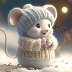 a white mouse wearing a knitted hat and sweater, standing in the snow with its paws on it's chest