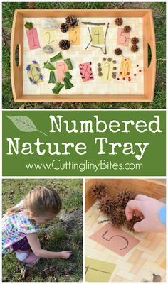 a collage of pictures with the words, numbers and nature tray