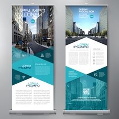 two roll up banners with cityscape in the background