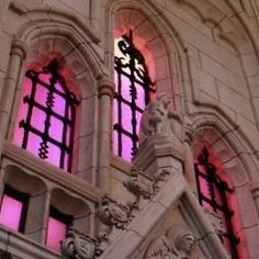 an ornate building with two large windows and pink light coming through the window panes