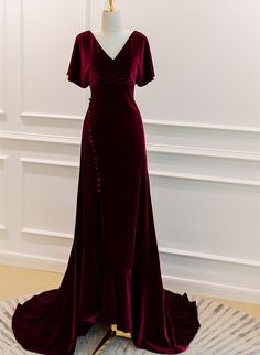 Burgundy Velvet Long Wedding Party Dress, A-line Velvet Formal Dress on Luulla Fitted A-line Velvet Dress For Formal Occasions, Formal Burgundy Velvet Dress, Holiday Wedding Dress In Burgundy, Burgundy Velvet Dress For Wedding, Burgundy Velvet Dress For Formal Occasions, Fitted Velvet V-neck Dress For Weddings, Fitted Red Velvet Floor-length Dress, Red Fitted Floor-length Velvet Dress, Fitted Floor-length Red Velvet Dress