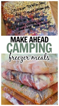 set of slow cooker freezer meals Camp Cooker Recipes, Camping Freezer Meals Dinners, Make Ahead Freezer Meals For Camping, Camping Prep Ahead Meals, Camping Food Crockpot, Meal Prep For Rv Camping, Make Ahead Campfire Meals, Make Ahead Camping Meals Dinners, Make Ahead Rv Camping Meals