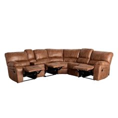 a brown leather sectional sofa with recliners on the bottom and footrests