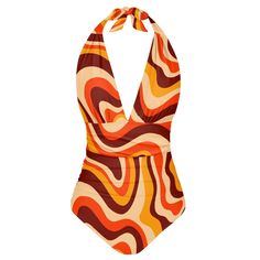 * Retro Swimsuit: Groovy 70s-inspired swimsuit with a vibrant abstract orange and brown stripe pattern. * Orange Stripe Halter Swimsuit: Features a deep V-neckline and a halter style top with an exposed back. * Vintage Style Swimsuit: Made from polyester and spandex for a comfortable and flattering fit. * Tummy Control: Ruched waistline enhances your shape and provides support. * Unique Swimsuit Find: Perfect for bringing back the disco era with a fun and distinctive design. Designed in California by Trendy Hip Buys. Made to order from overseas.  *Care Instruction: machine wash cold with similar colors, do not bleach, tumble dry low, do not iron, do not dry clean. Retro One-piece Swimwear For Vacation, Retro Orange Swimwear For The Beach, Retro Orange Beach Swimwear, Retro One-piece Printed Swimwear, Retro Halter Neck Lined Swimwear, Retro Orange Swimwear For Vacation, Retro Fitted Printed Swimwear, Retro Swimwear With Retro Print For Poolside, Retro Print Swimwear For Poolside