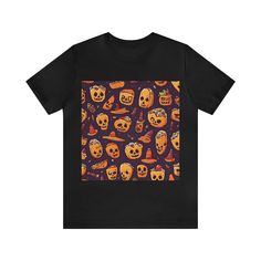 Get Ready for Halloween with Stylish T-Shirts Spice up your wardrobe this spooky season with our exclusive collection of Halloween t-shirts! Whether you're looking for a classic shirt Halloween design or something unique, our Halloween shirts for adults are perfect for any festive occasion. These t-shirts come in a variety of styles and are available as tees for both men and women. Made from high-quality materials like bella canvas shirts, they are comfortable, durable, and perfect for your tshi Black Skull Print Top For Halloween, Spooky Black T-shirt For Fall, Spooky Black T-shirt With Skull Print, Black Horror T-shirt With Funny Print, Spooky Black Tops For Costume Party, Black Shirt For Halloween Costume Party, Black Short Sleeve Top For Halloween, Black Short Sleeve Shirt For Costume Party, Spooky Halloween T-shirt With Graphic Print