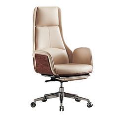 an office chair with wheels and leather upholstered on the back, in front of a white background