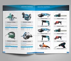 an open catalog with various tools and equipment on it, including drillers, chainsaws