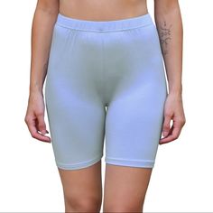 High Waisted Bike Shorts - Solid Light Blue 6" Inseam These Cute Women’s Bike Shorts Are Made In Lightweight Jersey Knit Cloth, Making Them Super Comfortable, Soft And Breathable. A Spandex Blend Gives Extra Stretch, And They're Pocketless For A Smooth, Sleek Fit. Wear Them Out And About Or Just Lounging Around For A Cute Athleisure Look That Is On-Trend And Fashionable. More Colors Available! Matching Tops Available! Garment Measurements: S Waist 26” Rise 10” Inseam: 6" M Waist 28” Rise 10.5” I Casual Solid Activewear For Cycling, Casual Cycling Activewear, Blue Stretch Mid-thigh Biker Shorts, Blue Stretch Biker Shorts Mid-thigh Length, Sporty Cycling Shorts For Summer, Casual Blue Biker Shorts With Built-in Shorts, Fitted Light Blue Sports Shorts, Light Blue Fitted Sports Shorts, Stretch Light Blue Shorts With Built-in Shorts