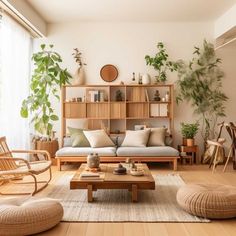 a living room filled with lots of furniture and plants on top of bookshelves