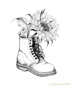 a drawing of a boot with a sunflower in it