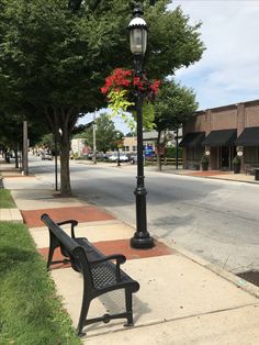 a park bench sitting on the side of a street next to a lamp post with flowers