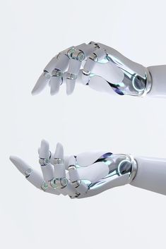 two white robotic hands touching each other