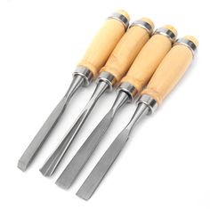 four wood handle carving tools with wooden handles