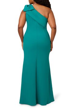 Beautiful pleats waft up into the bow-embellished shoulder of this elegant column gown accented with a flared, full-length skirt. 62" length Hidden side-zip closure One-shoulder neck Sleeveless Lined 95% polyester, 5% elastane Dry clean Imported Teal Gown, Shoulder Stretch, Full Length Skirts, Column Gown, Stretch Crepe, Adrianna Papell, Mermaid Gown, One Shoulder, Full Length