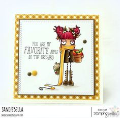 a handmade card with an image of a woman holding a potted plant and the words you are my favorite apple in the orchard