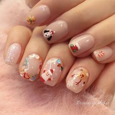 Easy Korean Nail Designs, Christmas Nail For Kids, Nails Kids Christmas, Christmas Nails Korean Style, Christmas Nail Art For Kids, Nail Korean Style Christmas, Korean Nail Art Christmas, Nail Christmas Korea, Christmas Nails Korean