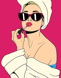 a woman with sunglasses and a towel on her head is brushing her teeth in front of a pink background